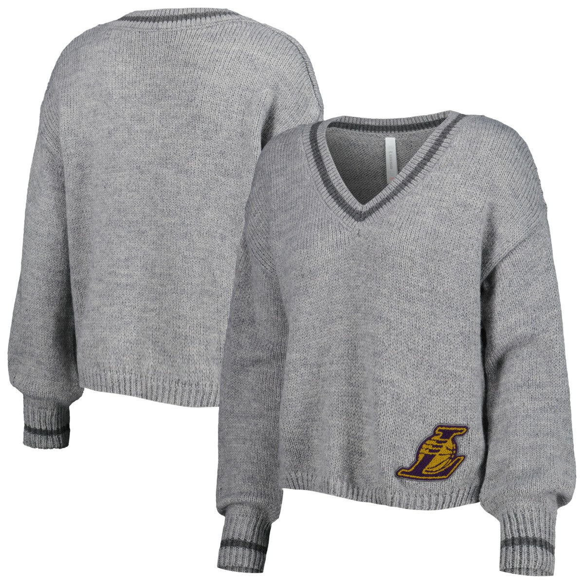 Gray Los Angeles Lakers Lusso Women's Scarletts Lantern Sleeve Tri-Blend V-Neck Pullover Sweater | NBA