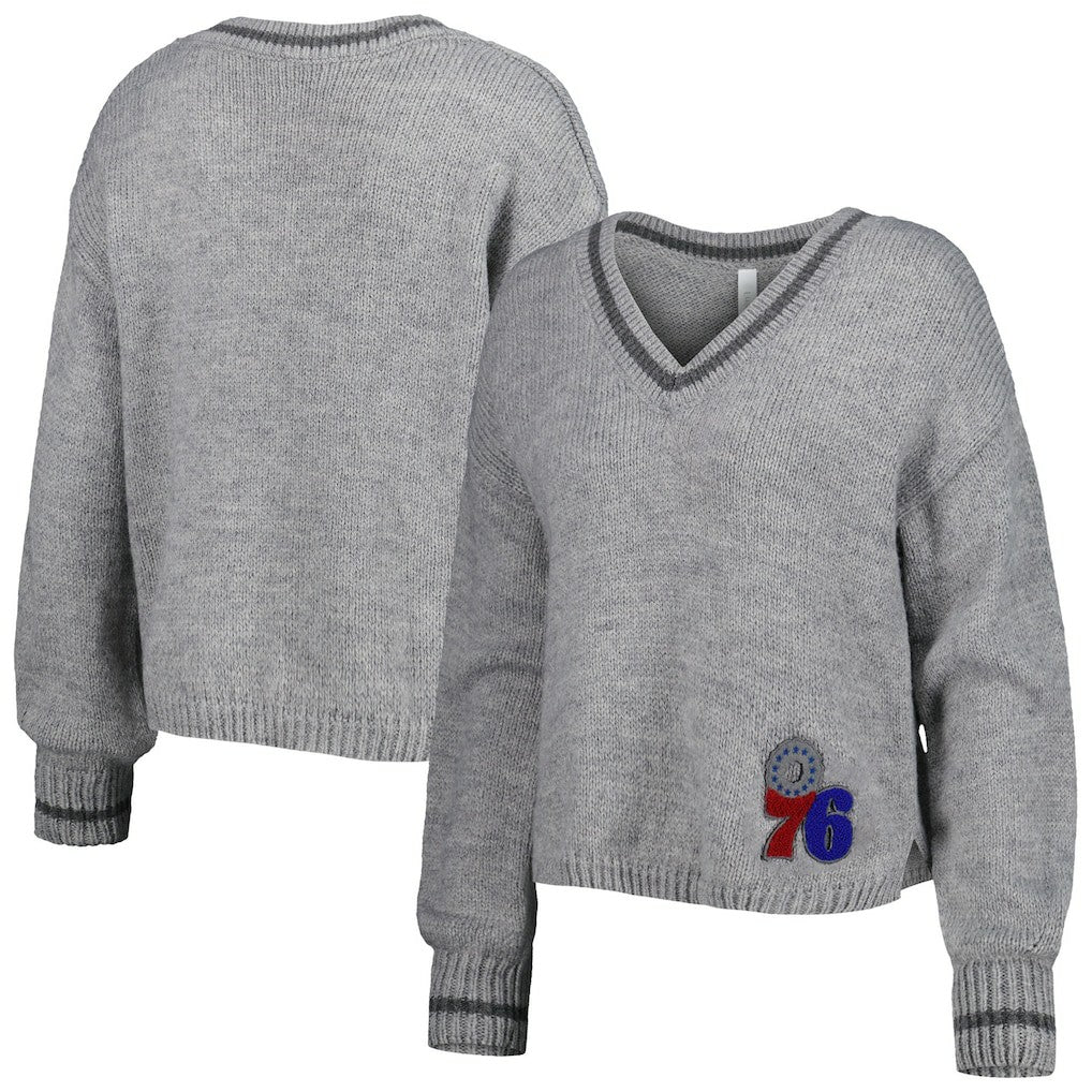 Gray Philadelphia 76ers Lusso Women's Scarletts Lantern Sleeve Tri-Blend V-Neck Pullover Sweater | NBA