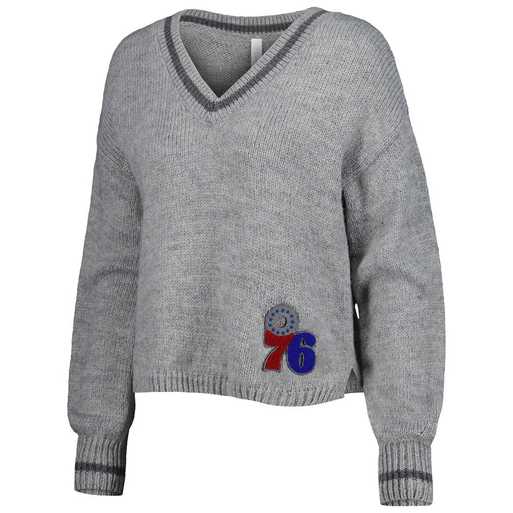 Gray Philadelphia 76ers Lusso Women's Scarletts Lantern Sleeve Tri-Blend V-Neck Pullover Sweater | NBA