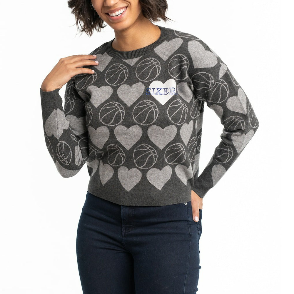 Charcoal Philadelphia 76ers Lusso Women's Basketball Love Swarovski Crystal Intarsia Pullover Sweater | NBA
