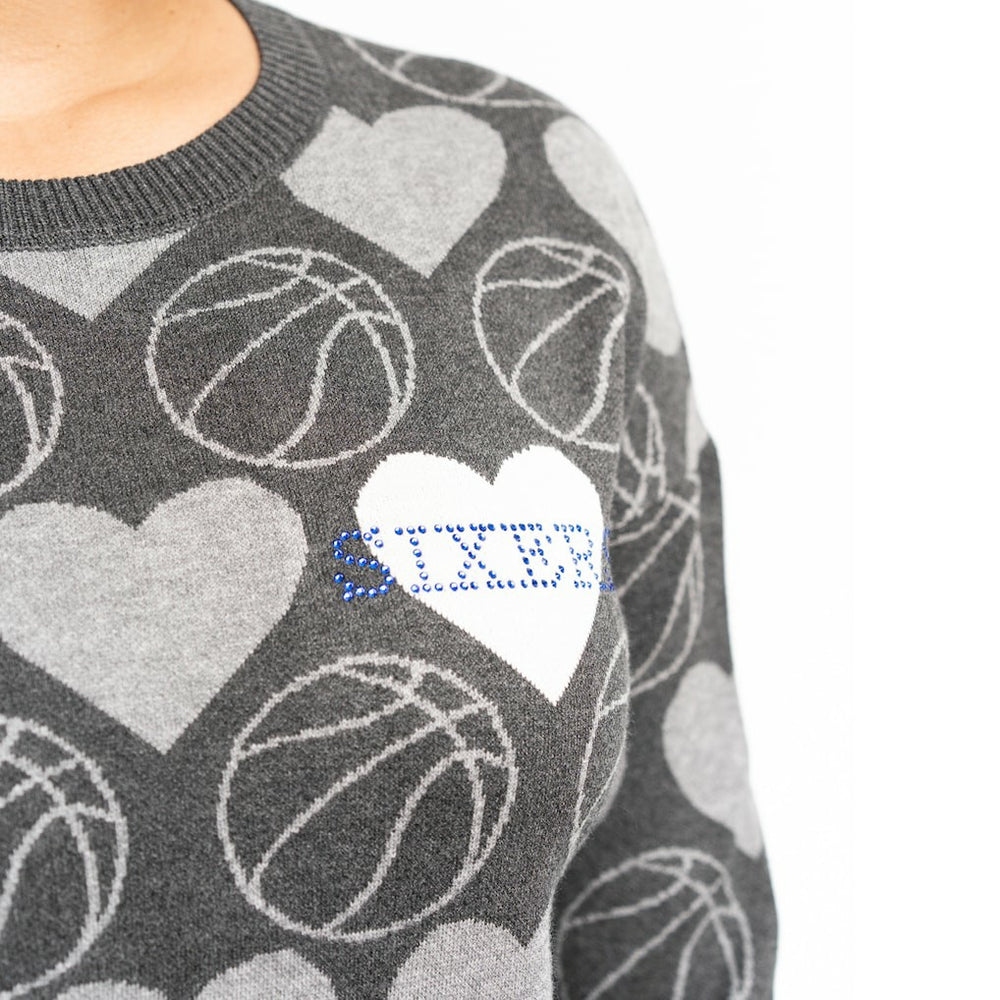 Charcoal Philadelphia 76ers Lusso Women's Basketball Love Swarovski Crystal Intarsia Pullover Sweater | NBA