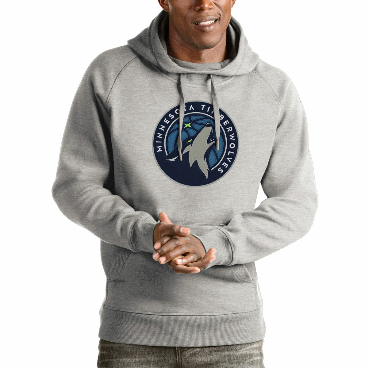 Heather Gray Minnesota Timberwolves Antigua Team Logo Victory Pullover Hoodie | NBA