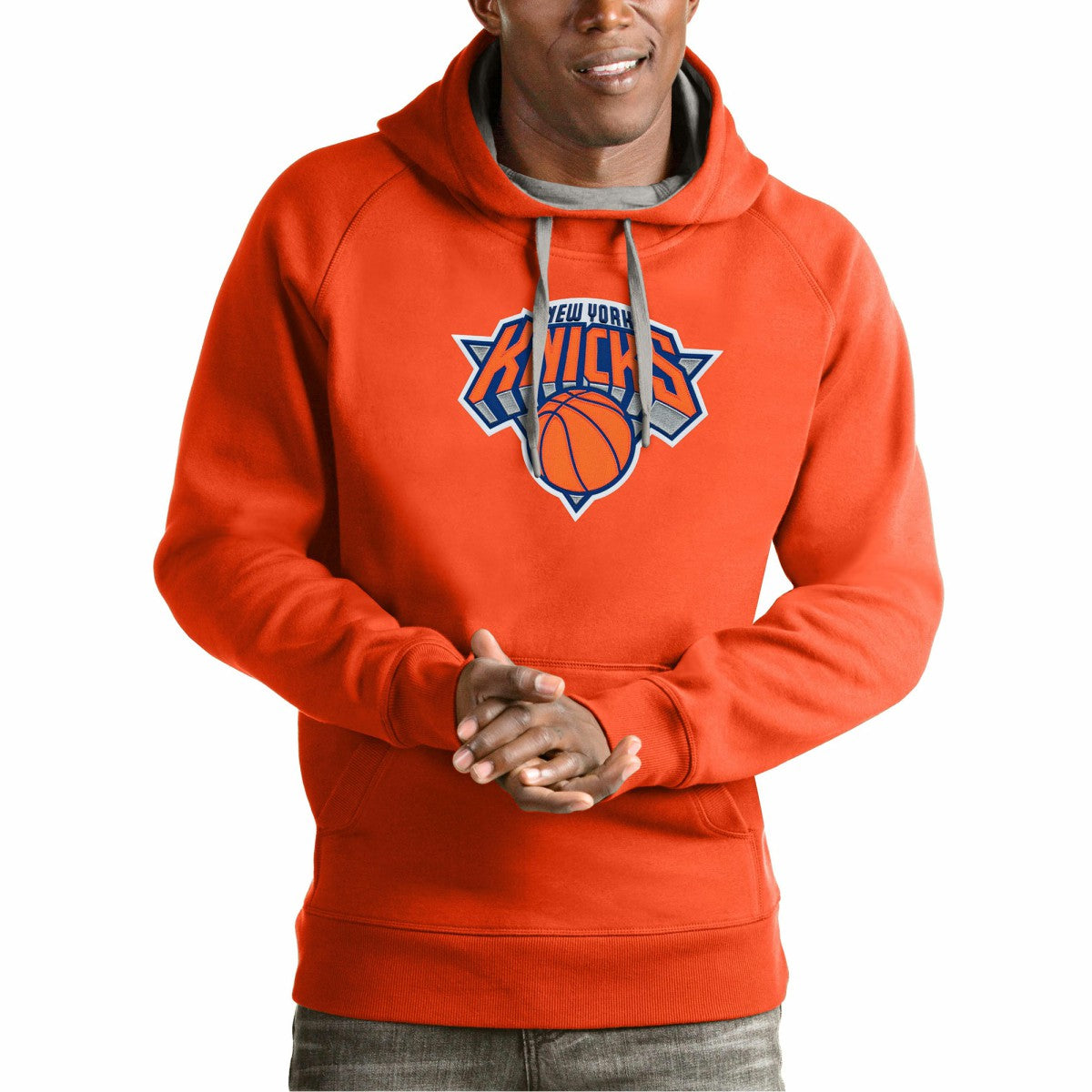 Orange New York Knicks Antigua Team Logo Victory Pullover Hoodie | NBA