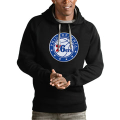 Black Philadelphia 76ers Antigua Team Logo Victory Pullover Hoodie | NBA