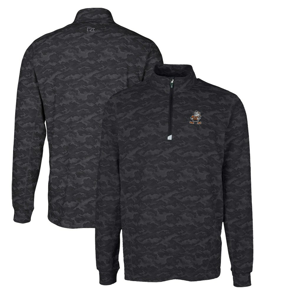 Cleveland Browns Cutter & Buck Throwback Logo Big & Tall Traverse Camo Print Stretch Quarter-Zip Pullover Top | NFL Hot