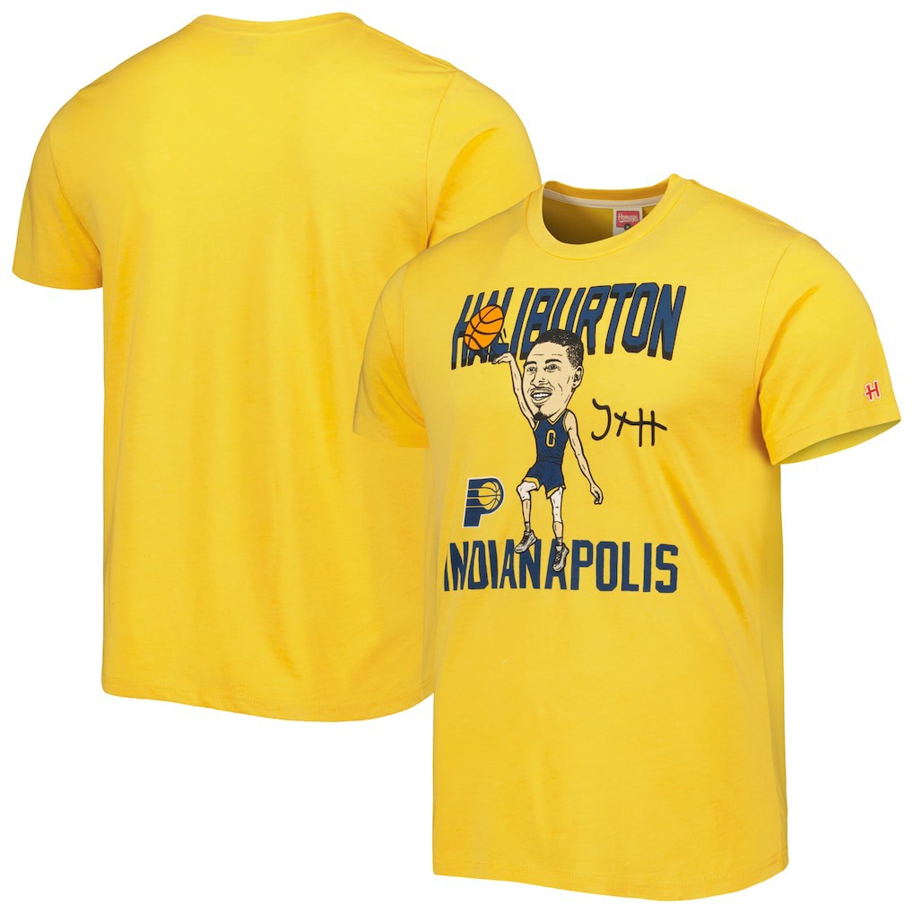 Gold Tyrese Haliburton Indiana Pacers Homage Caricature Tri-Blend T-Shirt | NBA