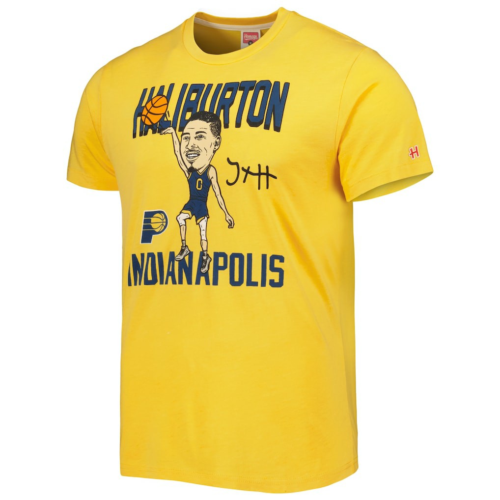 Gold Tyrese Haliburton Indiana Pacers Homage Caricature Tri-Blend T-Shirt | NBA