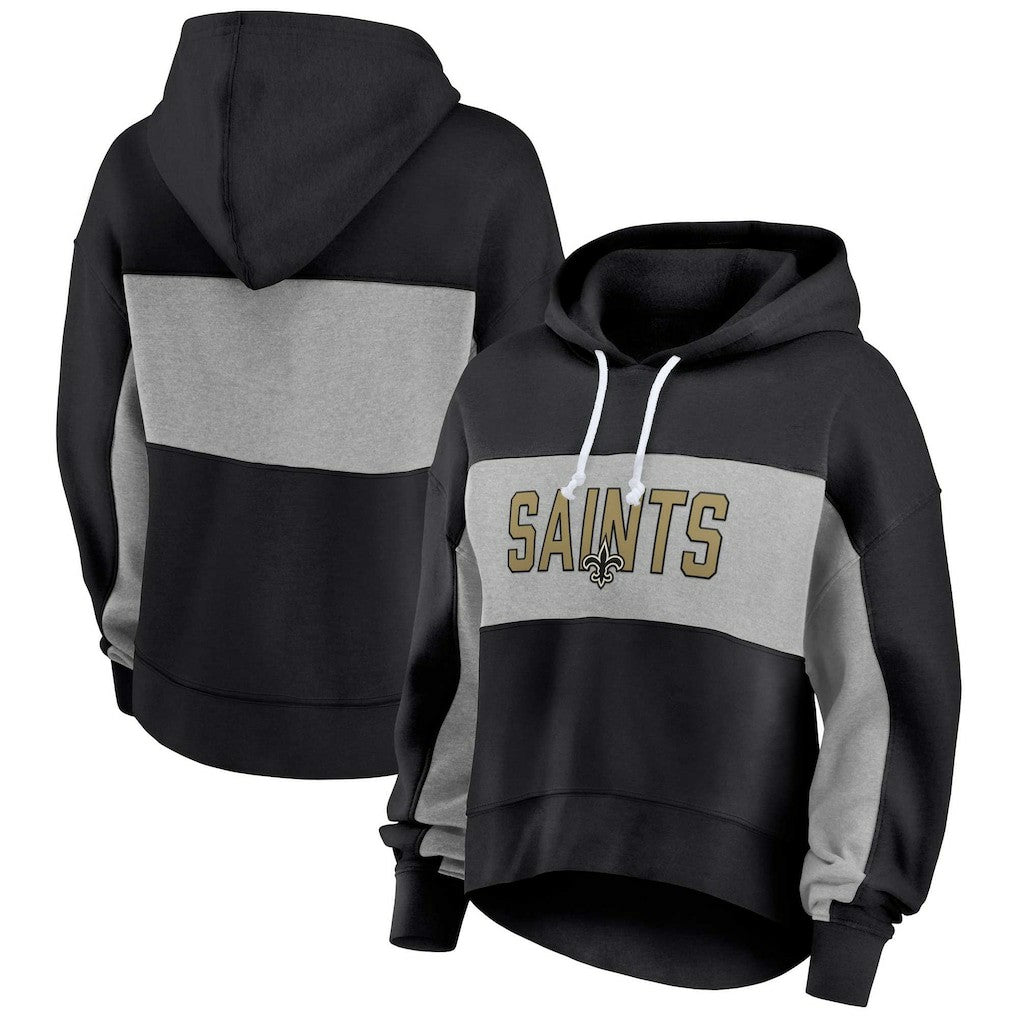 New Orleans Saints Women's Filled Stat Sheet Lighweight Modest Crop Hoodie | NFL Discount