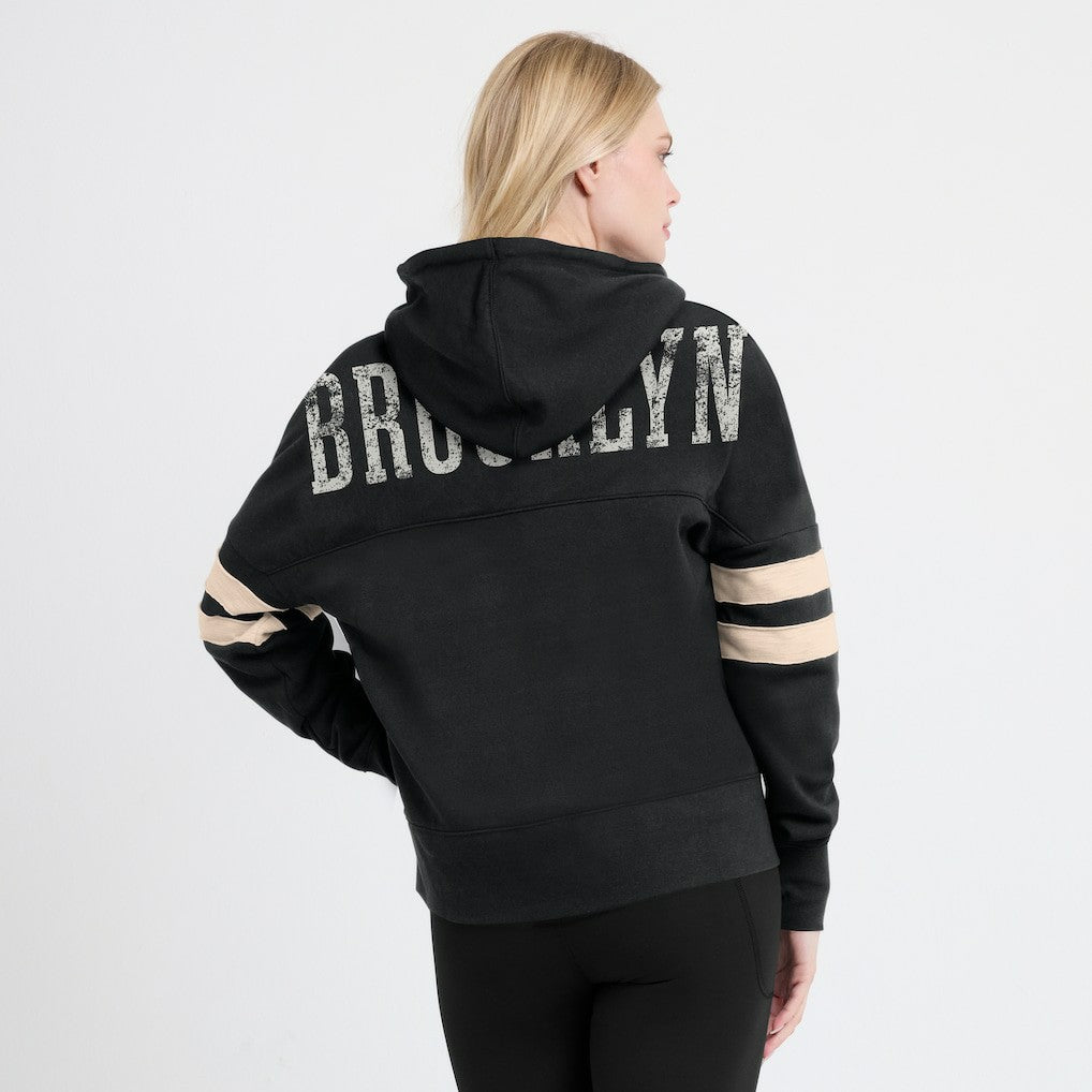Black Brooklyn Nets Women's Bold Move Dolman V-Neck High Hip Hoodie | NBA