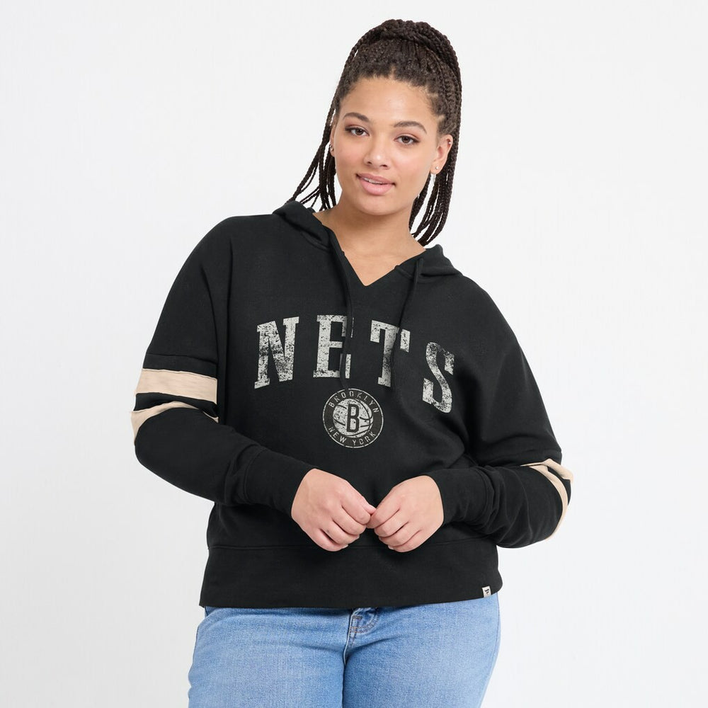 Black Brooklyn Nets Women's Bold Move Dolman V-Neck High Hip Hoodie | NBA