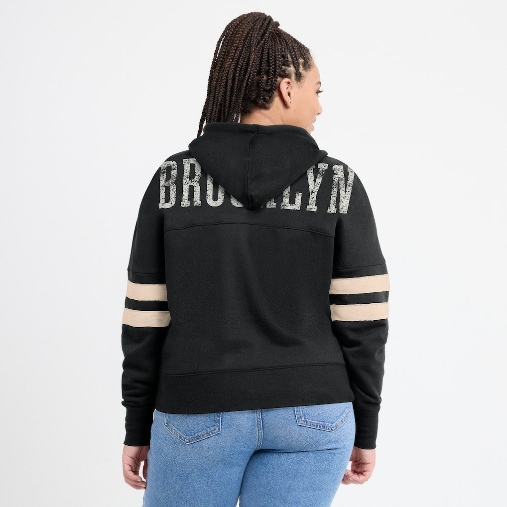 Black Brooklyn Nets Women's Bold Move Dolman V-Neck High Hip Hoodie | NBA