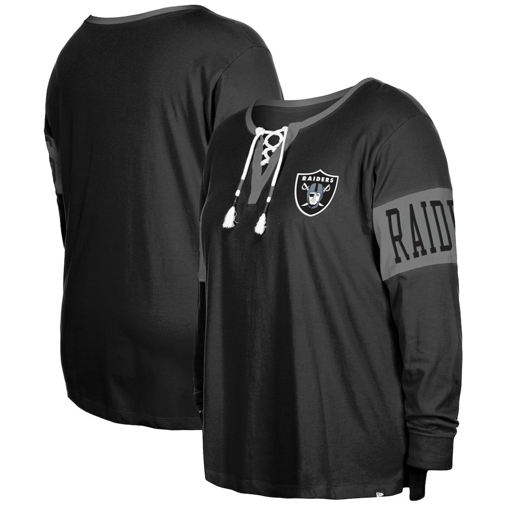 Las Vegas Raiders Women's Plus Size Lace-Up Notch Neck Long Sleeve T-Shirt | NFL Discount