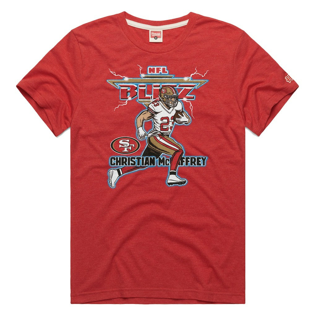 San Francisco 49ers Christian McCaffrey  Homage Unisex NFL Blitz Player Tri-Blend T-Shirt | NFL Outlet