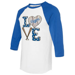 Los Angeles Dodgers Tiny Turnip Women's Baseball Love Raglan 3/4-Sleeve T-Shirt - MLB T-shirts