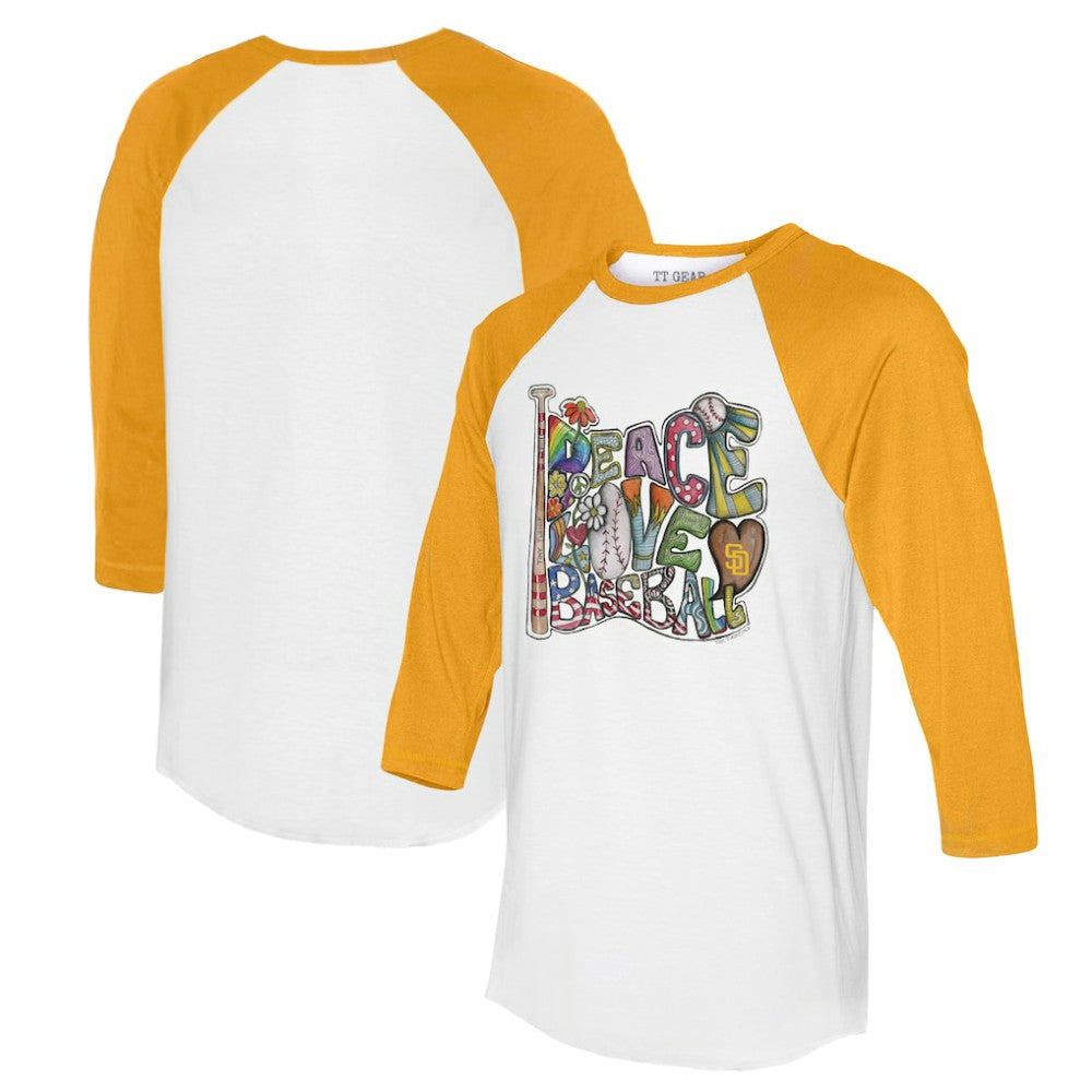 San Diego Padres Tiny Turnip Women's Peace Love Baseball 3/4-Sleeve Raglan T-Shirt - MLB T-shirts