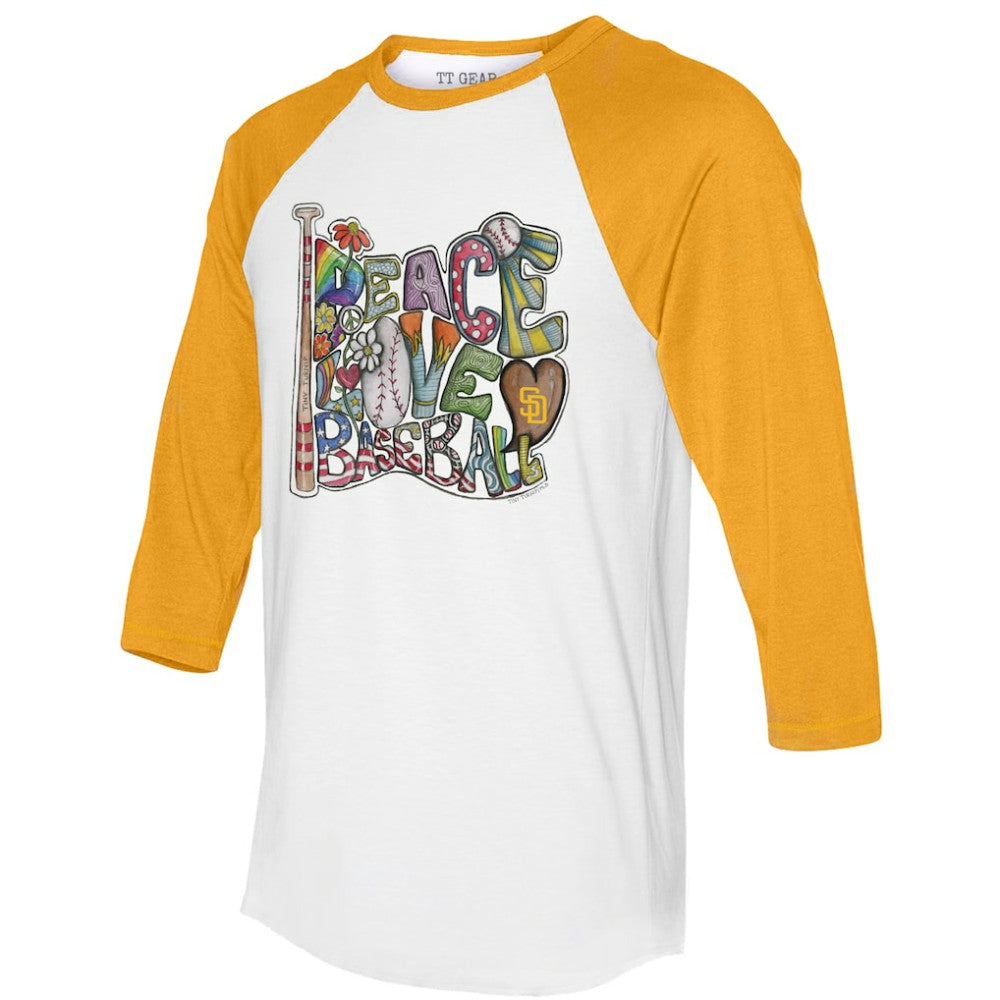 San Diego Padres Tiny Turnip Women's Peace Love Baseball 3/4-Sleeve Raglan T-Shirt - MLB T-shirts
