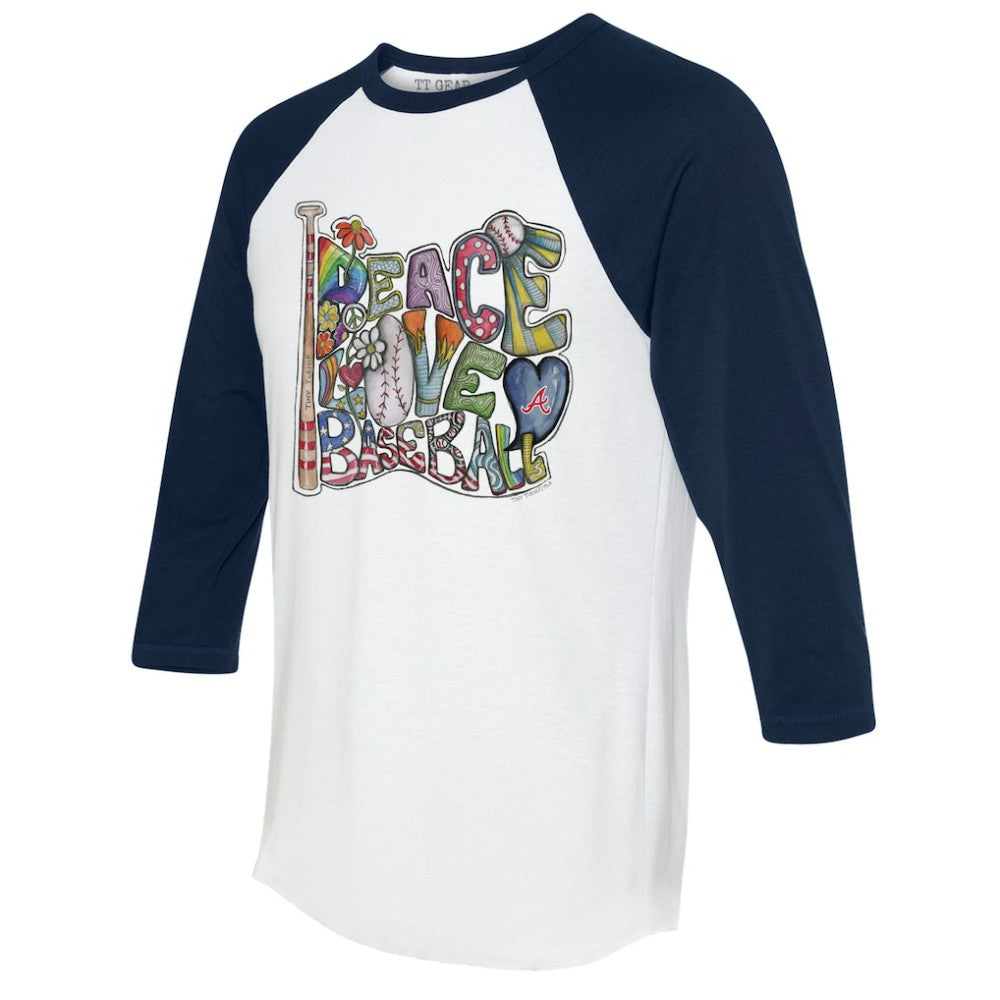 Atlanta Braves Tiny Turnip Women's Peace Love Baseball 3/4-Sleeve Raglan T-Shirt - MLB T-shirts