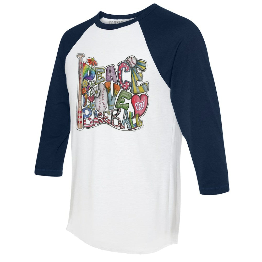 Washington Nationals Tiny Turnip Women's Peace Love Baseball 3/4-Sleeve Raglan T-Shirt - MLB T-shirts