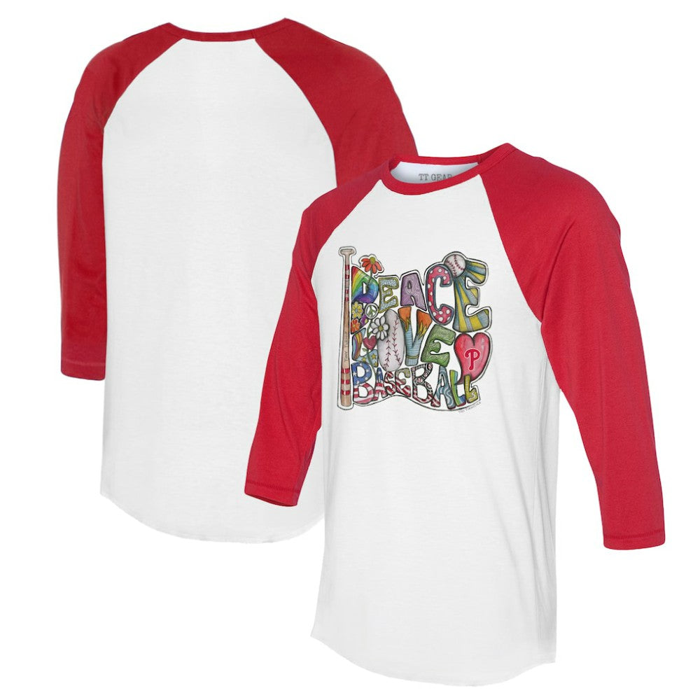 Philadelphia Phillies Tiny Turnip Women's Peace Love Baseball 3/4-Sleeve Raglan T-Shirt - MLB T-shirts