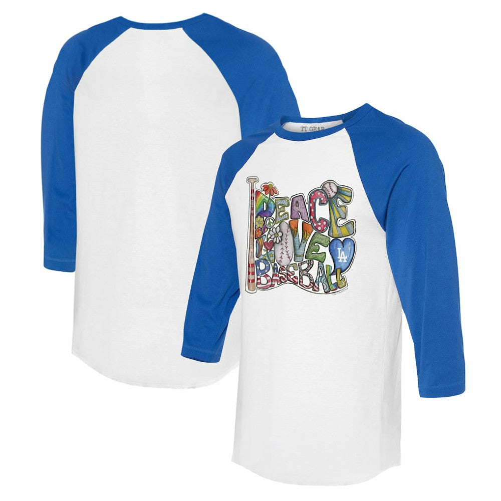 Los Angeles Dodgers Tiny Turnip Women's Peace Love Baseball 3/4-Sleeve Raglan T-Shirt - MLB T-shirts