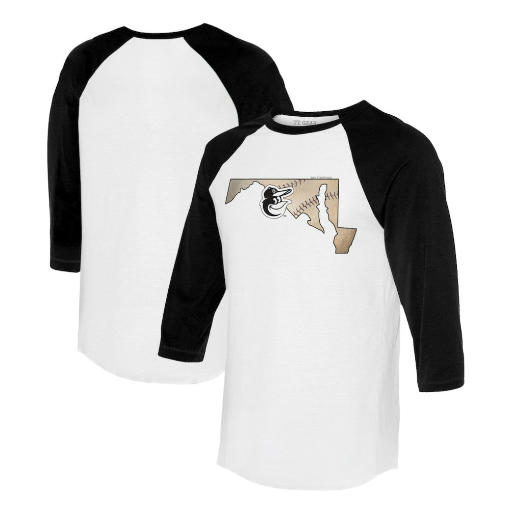 Baltimore Orioles Tiny Turnip Unisex State Outline 3/4-Sleeve Raglan T-Shirt - MLB T-shirts