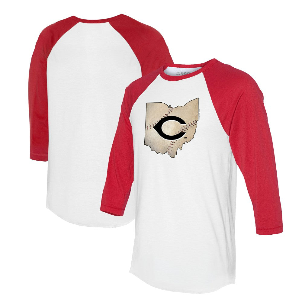 Cincinnati Reds Tiny Turnip Unisex State Outline 3/4-Sleeve Raglan T-Shirt - MLB T-shirts