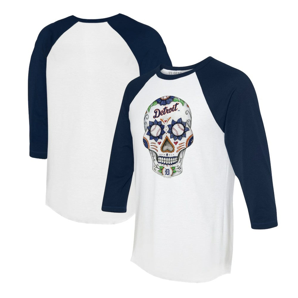Detroit Tigers Tiny Turnip Unisex Sugar Skull 3/4-Sleeve Raglan T-Shirt - MLB T-shirts