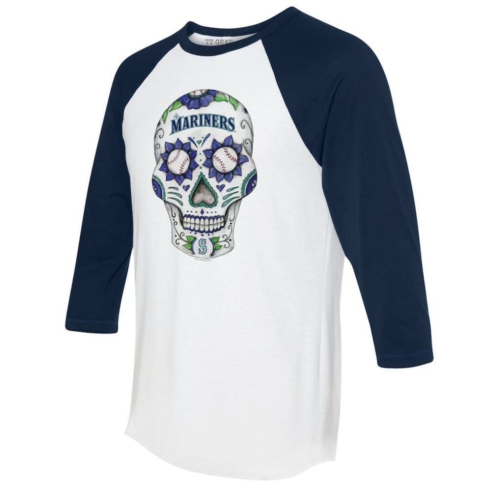 Seattle Mariners Tiny Turnip Unisex Sugar Skull 3/4-Sleeve Raglan T-Shirt - MLB T-shirts