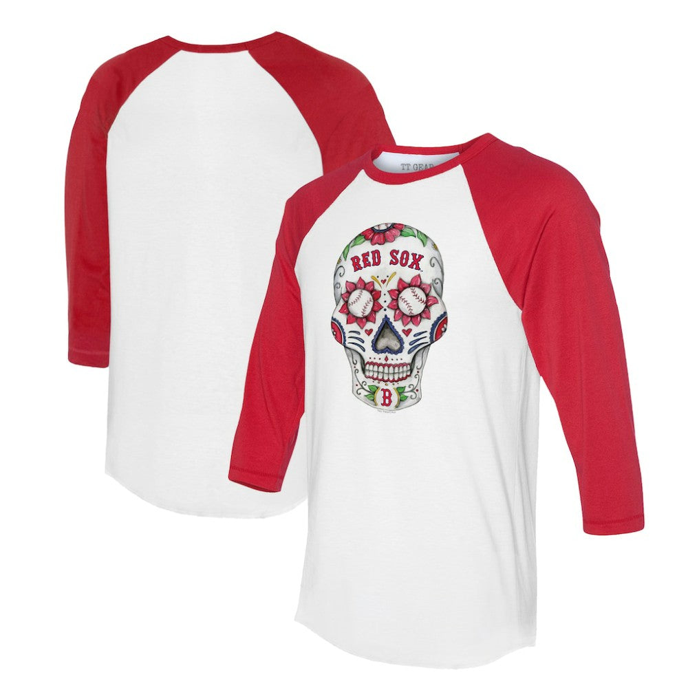 Boston Red Sox Tiny Turnip Unisex Sugar Skull 3/4-Sleeve Raglan T-Shirt - MLB T-shirts