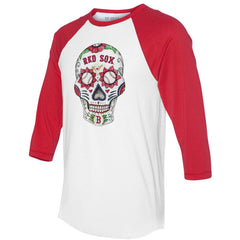 Boston Red Sox Tiny Turnip Unisex Sugar Skull 3/4-Sleeve Raglan T-Shirt - MLB T-shirts