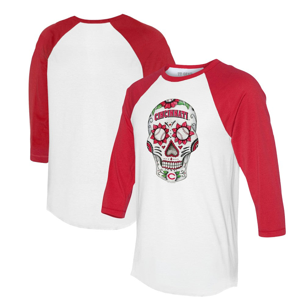Cincinnati Reds Tiny Turnip Unisex Sugar Skull 3/4-Sleeve Raglan T-Shirt - MLB T-shirts