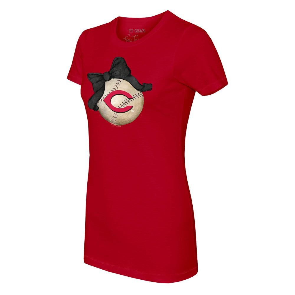 Cincinnati Reds Tiny Turnip Women's Baseball Bow T-Shirt - MLB T-shirts