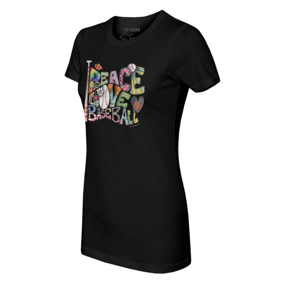 Baltimore Orioles Tiny Turnip Women's Peace Love Baseball Fitted T-Shirt - MLB T-shirts