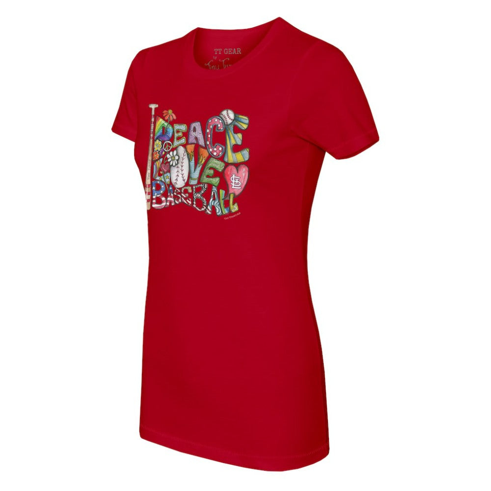 St. Louis Cardinals Tiny Turnip Women's Peace Love Baseball Fitted T-Shirt - MLB T-shirts