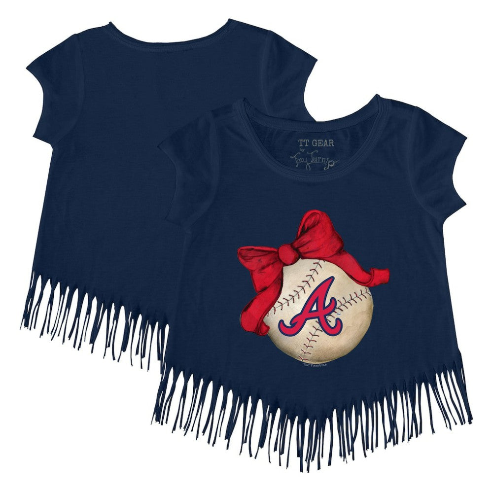 Atlanta Braves Tiny Turnip Girls Youth Baseball Bow Fringe T-Shirt - MLB T-shirts