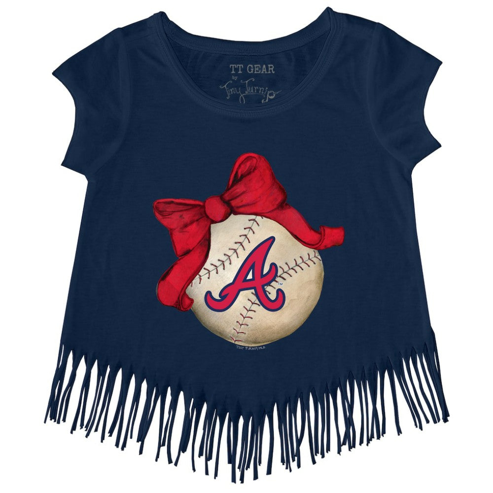 Atlanta Braves Tiny Turnip Girls Youth Baseball Bow Fringe T-Shirt - MLB T-shirts