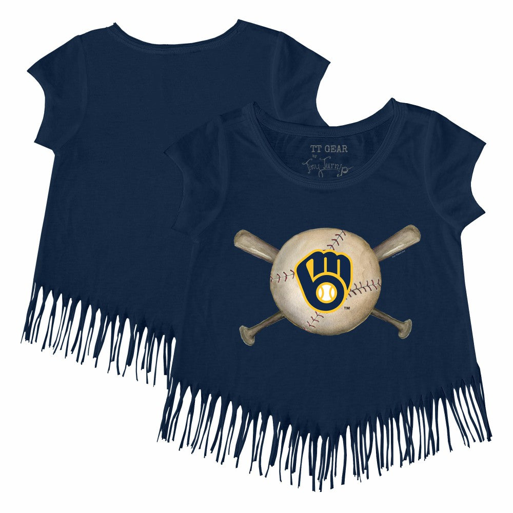 Milwaukee Brewers Tiny Turnip Girls Youth Baseball Cross Bats Fringe T-Shirt - MLB T-shirts