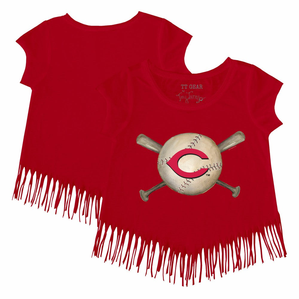 Cincinnati Reds Tiny Turnip Girls Youth Baseball Cross Bats Fringe T-Shirt - MLB T-shirts