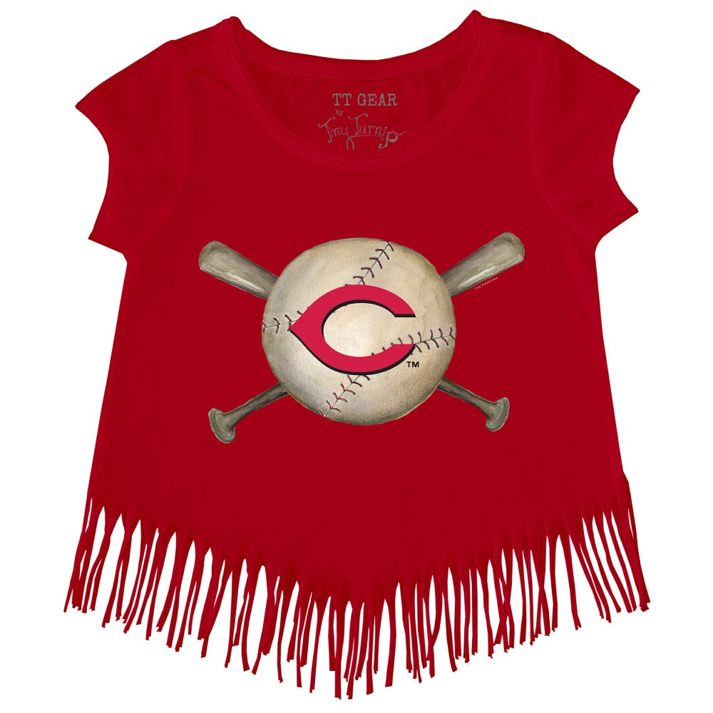 Cincinnati Reds Tiny Turnip Girls Youth Baseball Cross Bats Fringe T-Shirt - MLB T-shirts