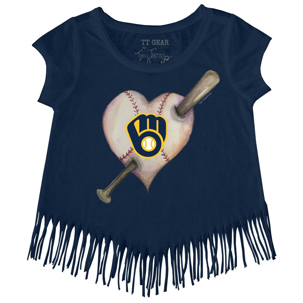 Milwaukee Brewers Tiny Turnip Girls Youth Heart Bat Fringe T-Shirt - MLB T-shirts