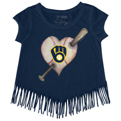 Milwaukee Brewers Tiny Turnip Girls Youth Heart Bat Fringe T-Shirt - MLB T-shirts