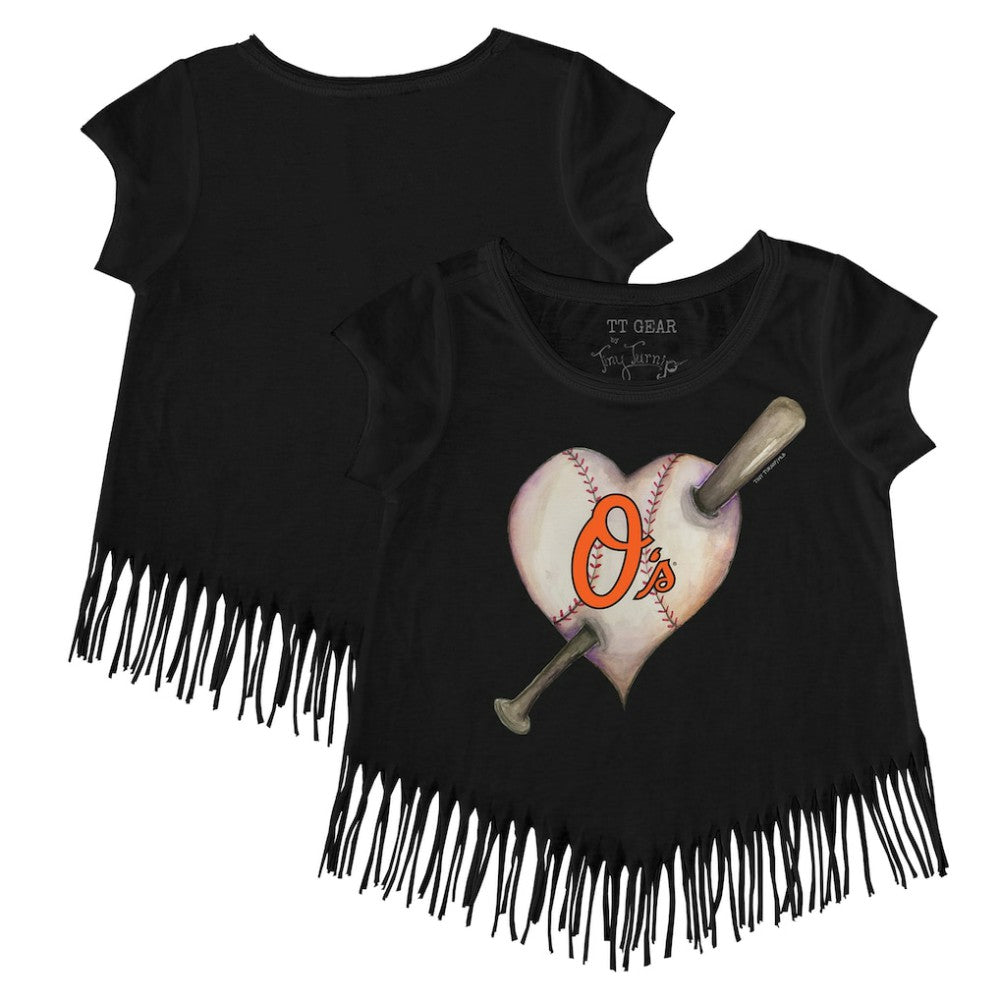 Baltimore Orioles Tiny Turnip Girls Youth Heart Bat Fringe T-Shirt - MLB T-shirts