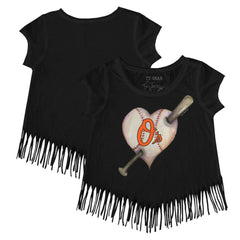 Baltimore Orioles Tiny Turnip Girls Youth Heart Bat Fringe T-Shirt - MLB T-shirts