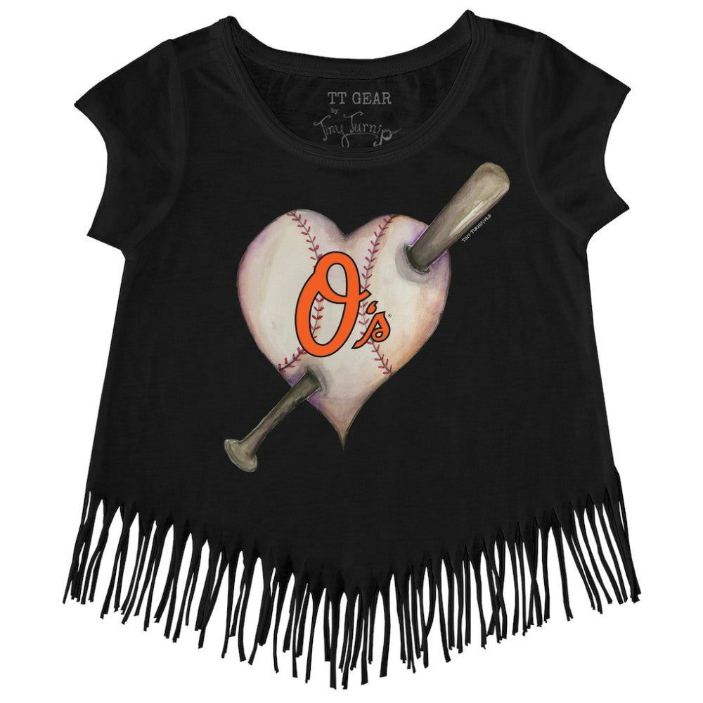 Baltimore Orioles Tiny Turnip Girls Youth Heart Bat Fringe T-Shirt - MLB T-shirts