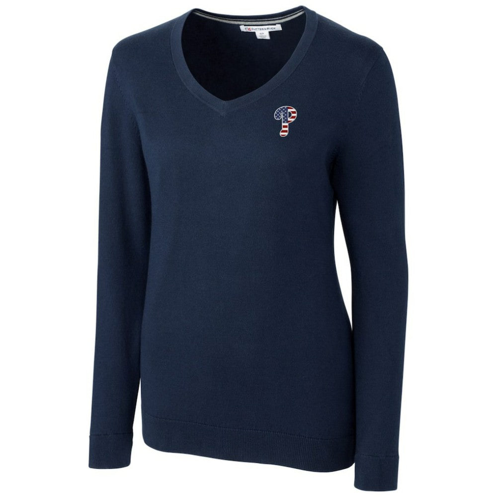 Philadelphia Phillies Cutter & Buck Women's Americana Logo Lakemont Tri-Blend V-Neck Pullover Sweater - MLB Pullover