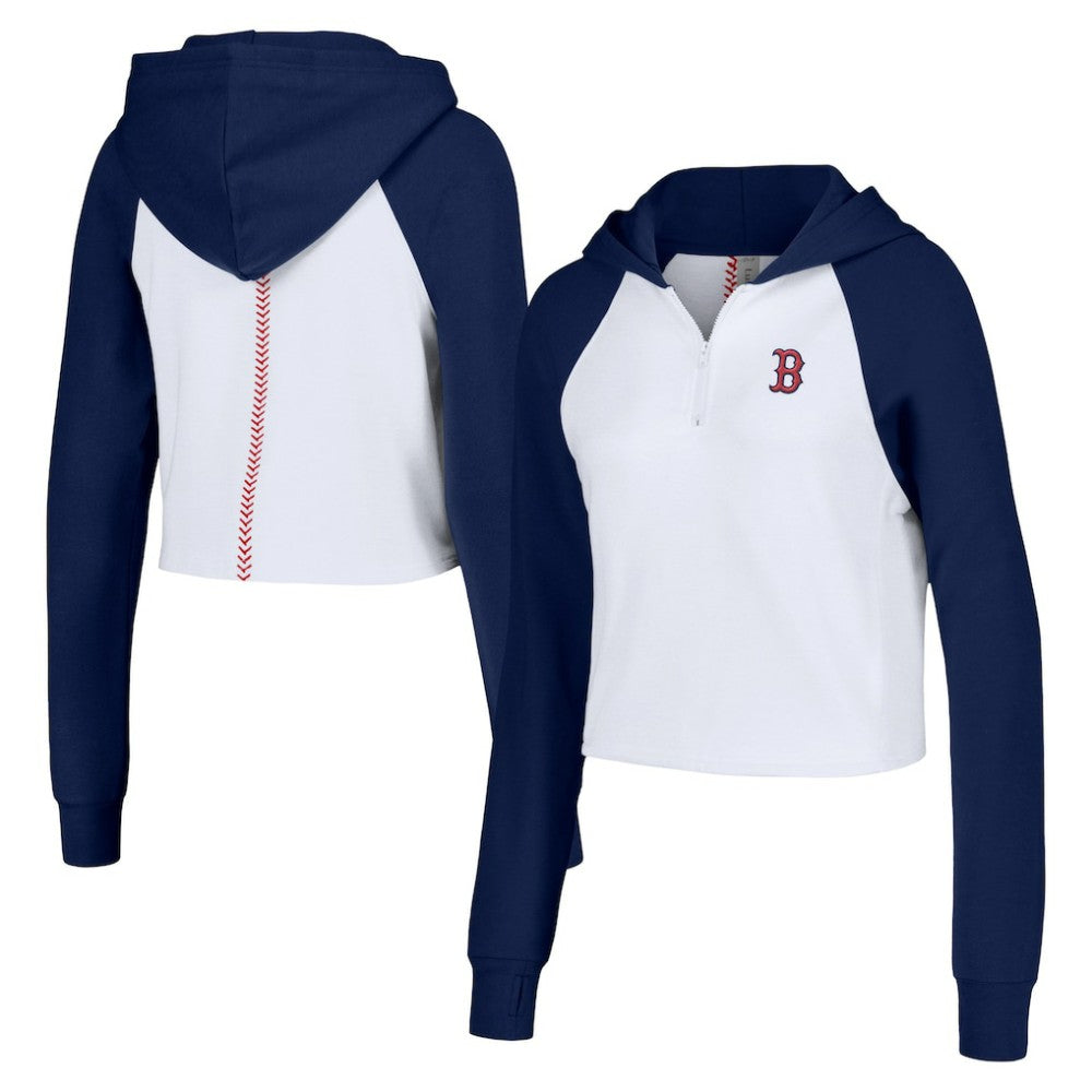 Boston Red Sox Lusso Women's Jane Raglan Quarter-Zip Tri-Blend Cropped Pullover Hoodie - MLB Hoodies