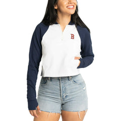 Boston Red Sox Lusso Women's Jane Raglan Quarter-Zip Tri-Blend Cropped Pullover Hoodie - MLB Hoodies