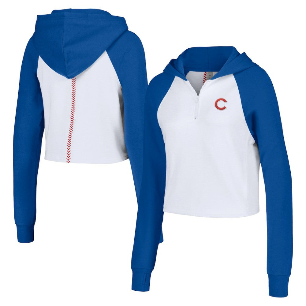 Chicago Cubs Lusso Women's Jane Raglan Quarter-Zip Tri-Blend Cropped Pullover Hoodie - MLB Hoodies