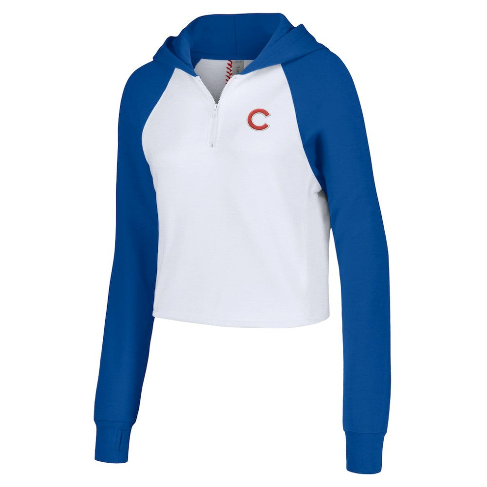 Chicago Cubs Lusso Women's Jane Raglan Quarter-Zip Tri-Blend Cropped Pullover Hoodie - MLB Hoodies