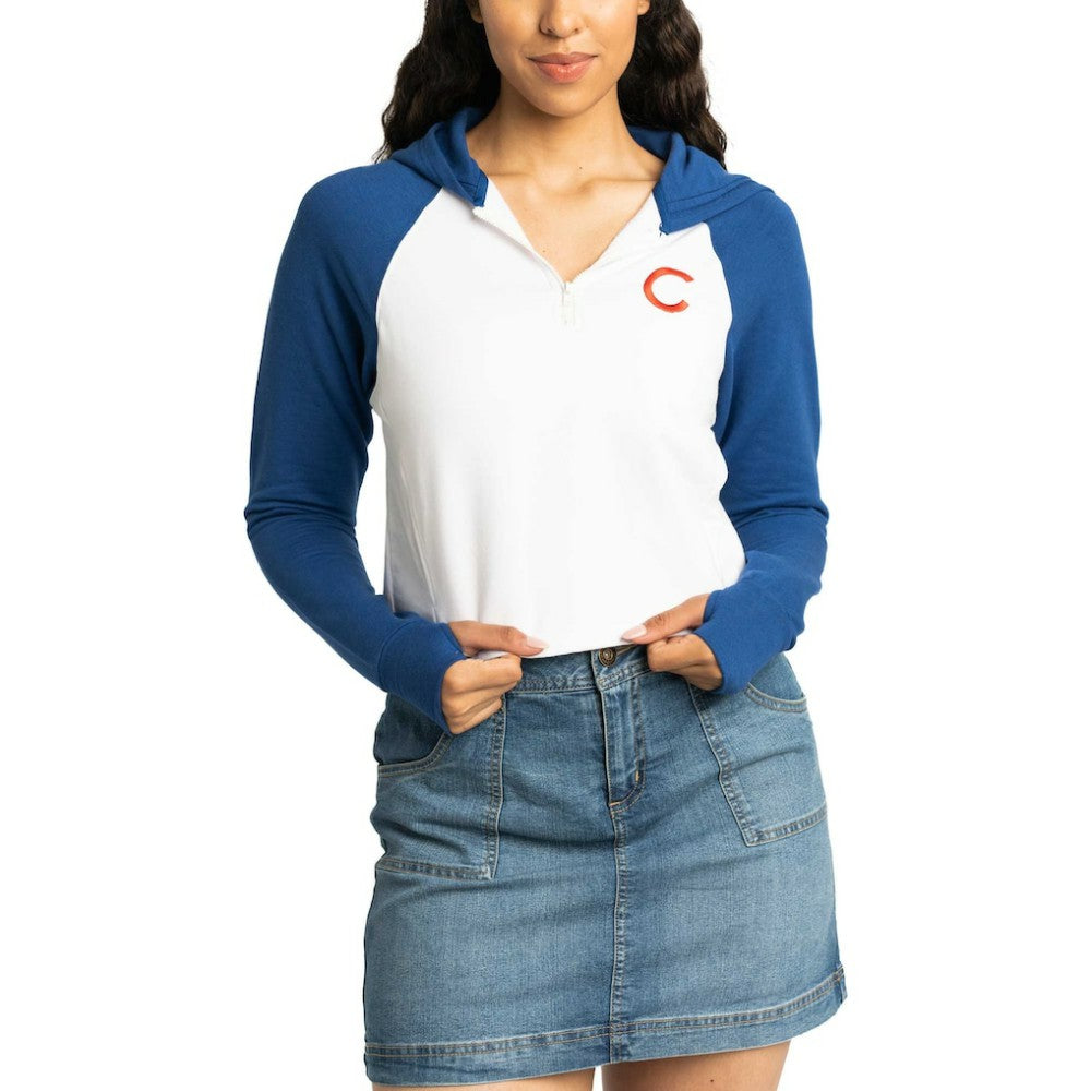 Chicago Cubs Lusso Women's Jane Raglan Quarter-Zip Tri-Blend Cropped Pullover Hoodie - MLB Hoodies